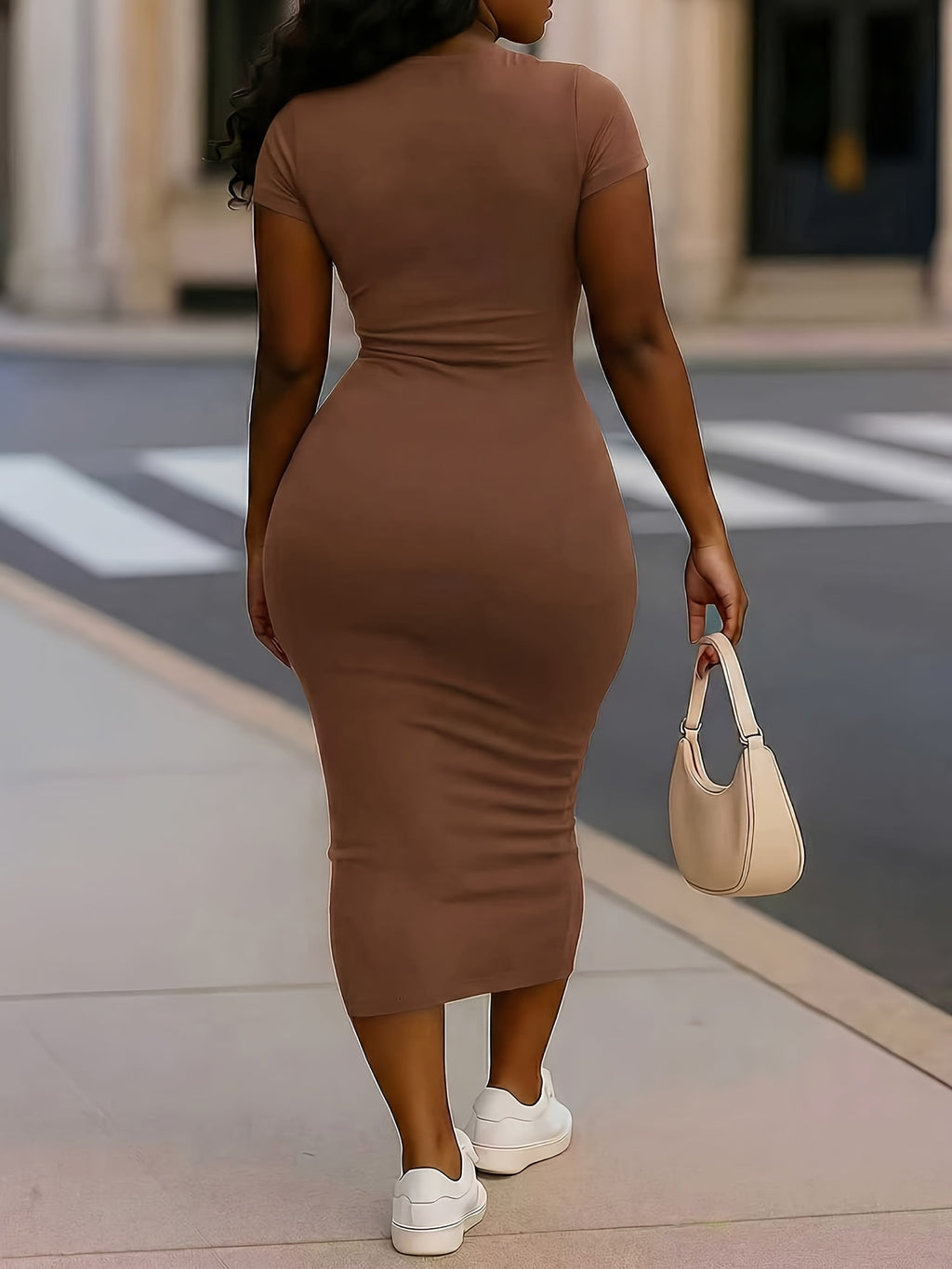 Women'S Solid Color Simple Daily Short Sleeve Dress | Crew Neck, Bodycon Fit, Suitable for Fall/Winter - Coffee Brown