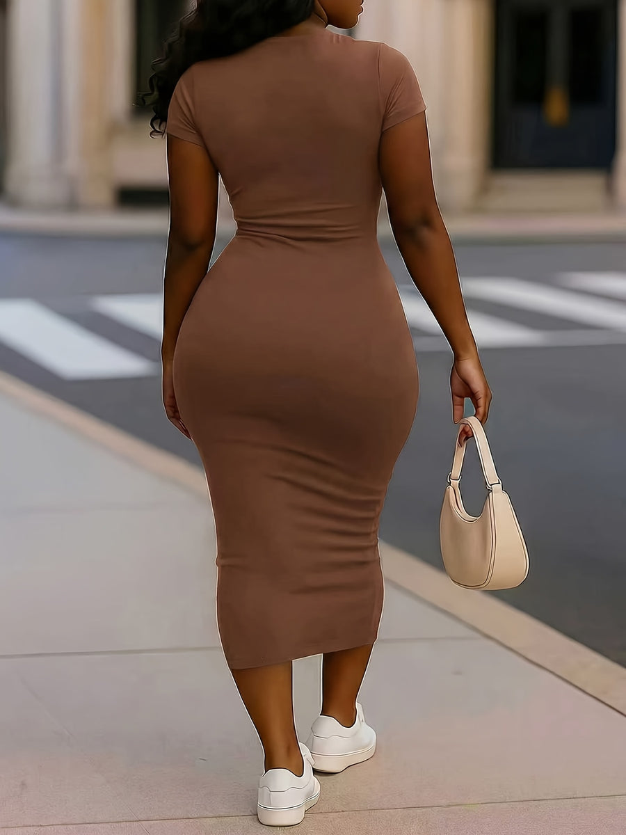 Women'S Solid Color Simple Daily Short Sleeve Dress | Crew Neck, Bodycon Fit, Suitable for Fall/Winter - Coffee Brown