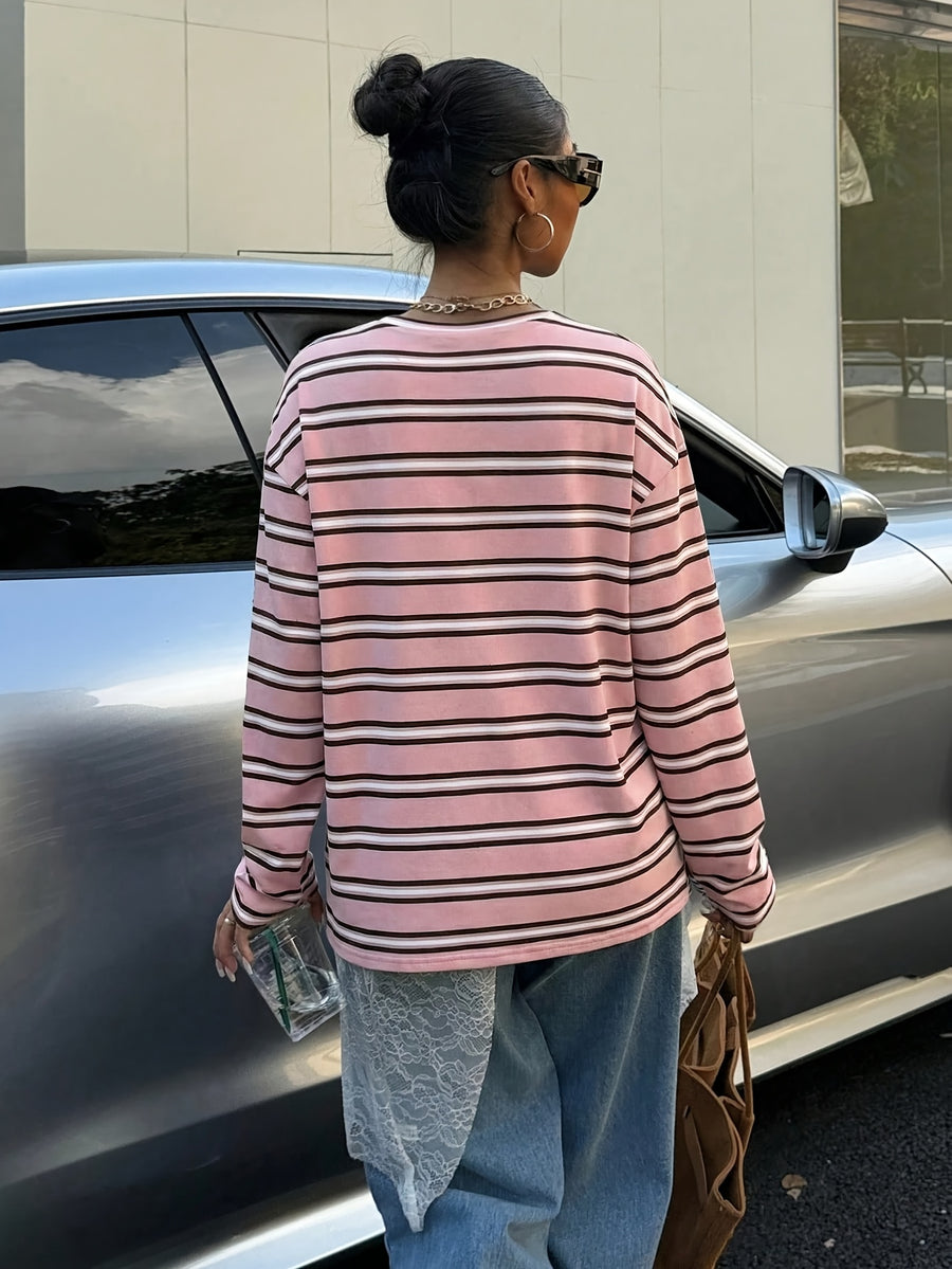 Vintage Brown/White/Blue Striped Oversized T-Shirt - Loose Fit Drop Shoulder Long Sleeve Top Suitable for Slightly Fuller Figures, Machine Washable Layering Piece for Fall Winter Wardrobe, Pilling & Fade Resistant Style - Mixed Color 5
