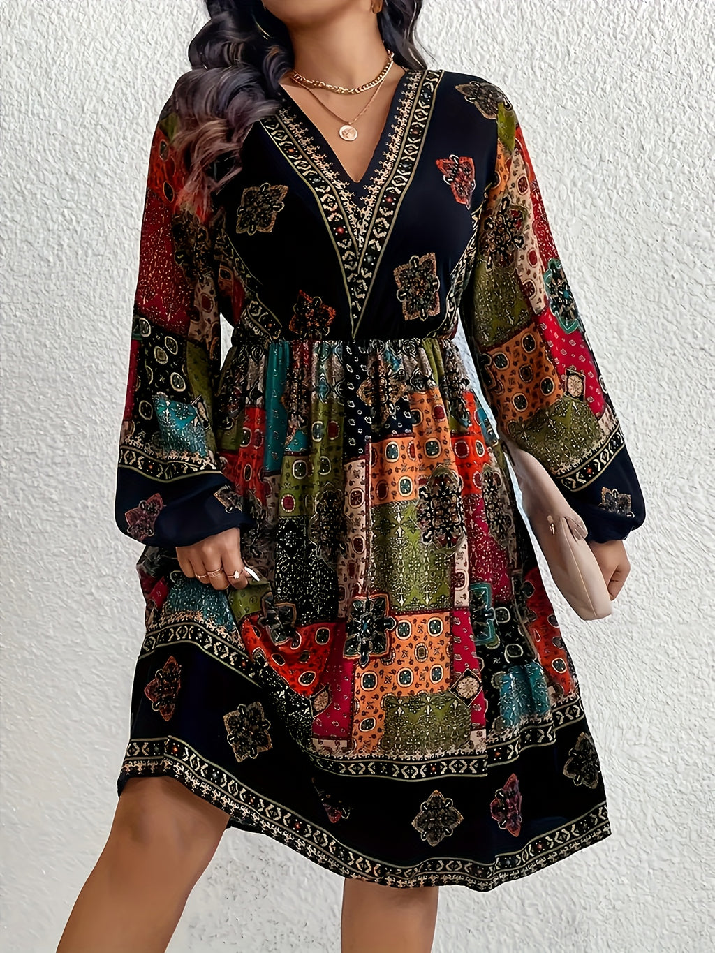 Plus Size - Plus Size - Bohemian Style Plus-Size V-Neck Lantern Sleeve Dress with Elegant Geometric Patterns - Mixed colors