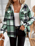 Women'S Casual Plaid Fleece Lined Hooded Regular Jacket, Napped Plaid Fleece-Lined Women'S Top, Hooded Shirt - Green