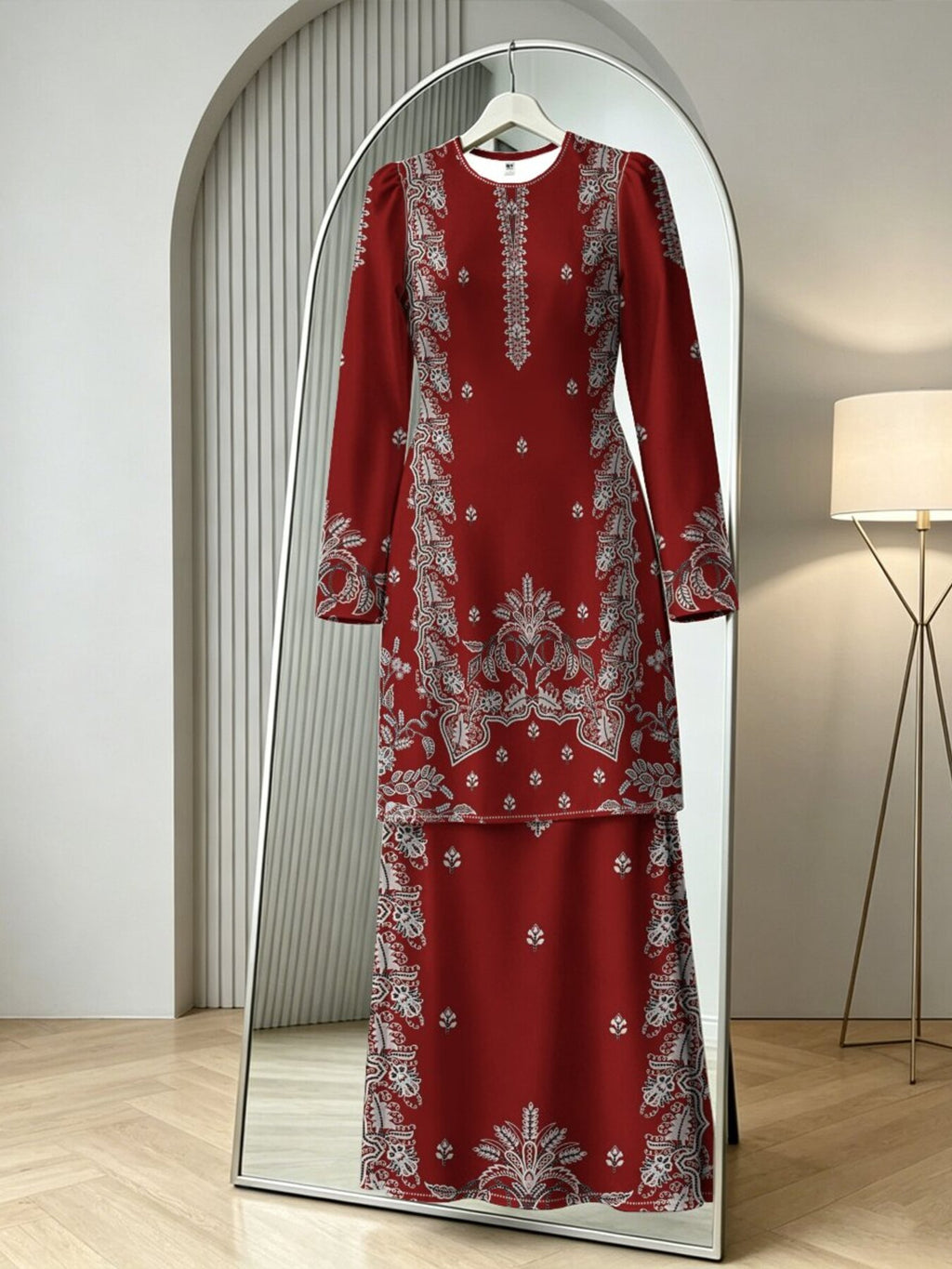 Muslim Women's 2pcs Set, Burgundy Base with Silvery-White Vintage Ethnic Pattern Print, for Prayer, Gatherings, Daily Outings, Covering and, Elegant and Dignified, Ethnic Print Clothing, Suitable for Prayer, Banquets, Outings, Commuting, and Home - Mixed colors