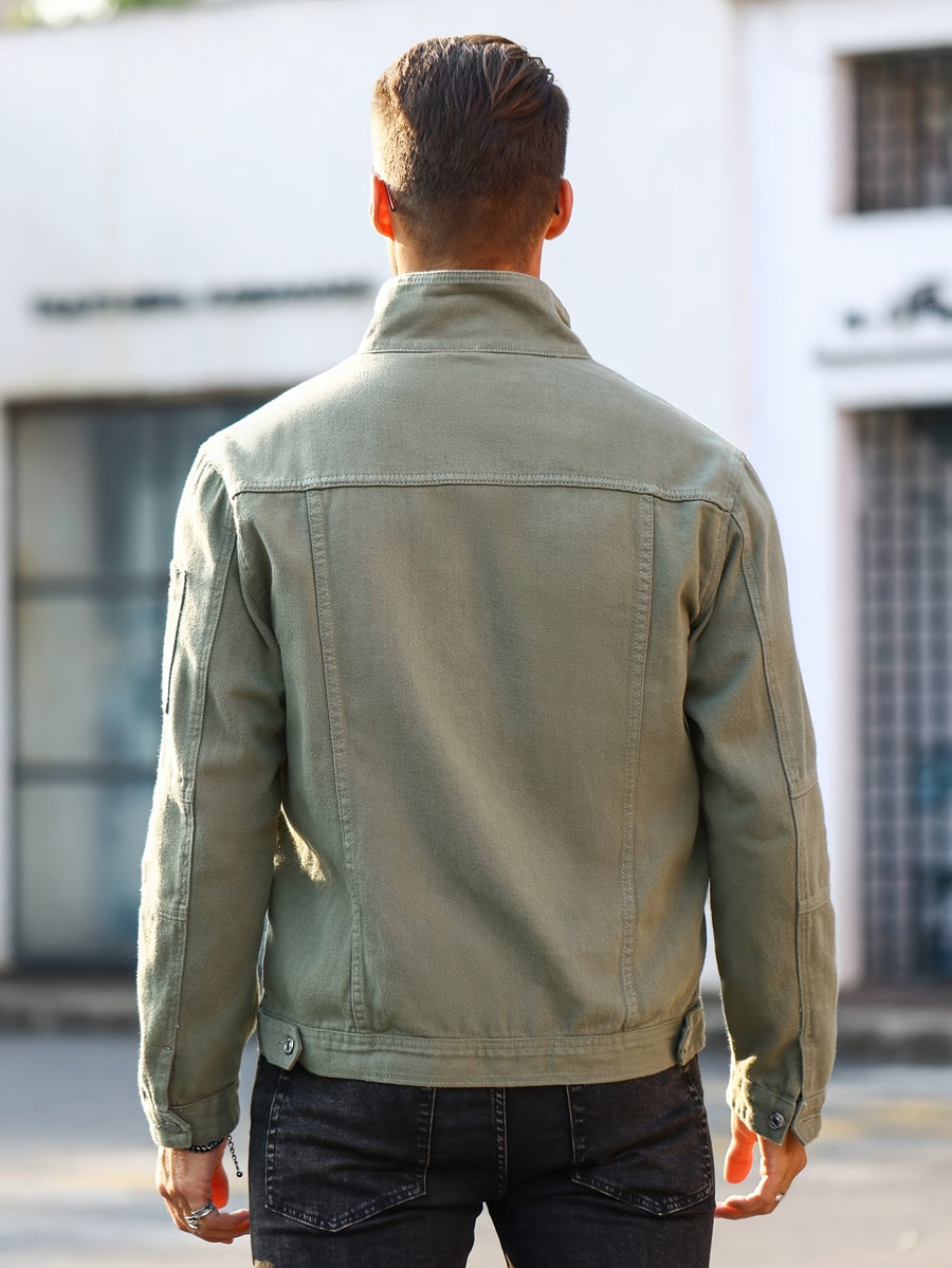 Men'S Summer Regular Wash Denim Non-Stretch Solid Regular Casual Outing Olive Green Denim Jacket - fern green