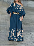 Women's Elegant Summer Vacation Printed Batwing Sleeve Off-Shoulder Waist-Cinching Long Dress-Style Wide-Leg Pants (No Belt) - Blue