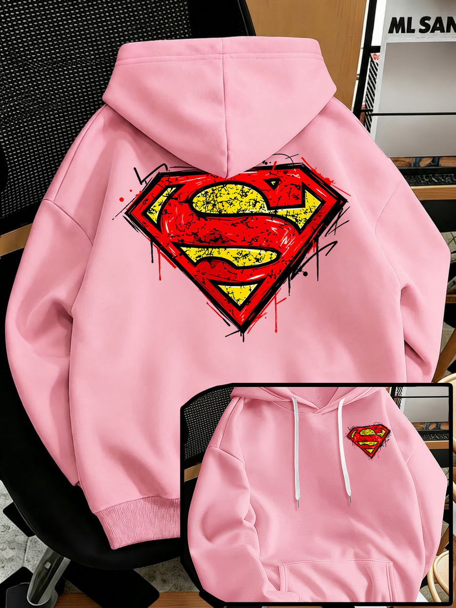 Men'S Fashion Sweatshirt, Retro Distressed Cracked Graffiti Superman Logo Print Design, Men'S Trendy Hoodie Loose Fit, Adjustable Drawstring, Fleece-Lined Sweatshirt Comfortable Fall Winter Wear, Outdoor Sports Casual Trendy Clothing - Pink