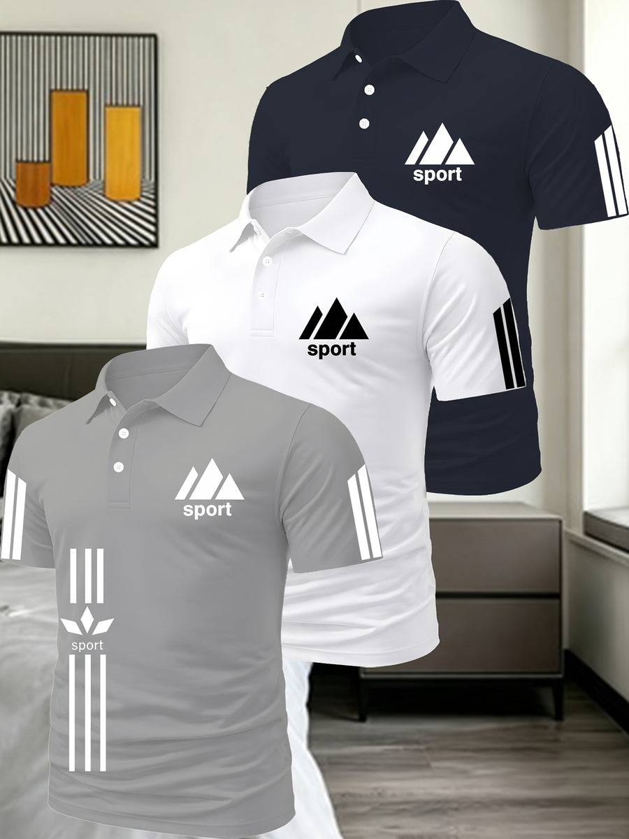 Light Luxury Men'S Solid Color Polo Shirt 3pcs Set Multi-Scene Golf Outfit Top - Grayish white navy