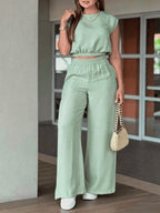 New Spring 2026 Simple and Elegant Solid Color Wide-Leg Pants Set - Light Green