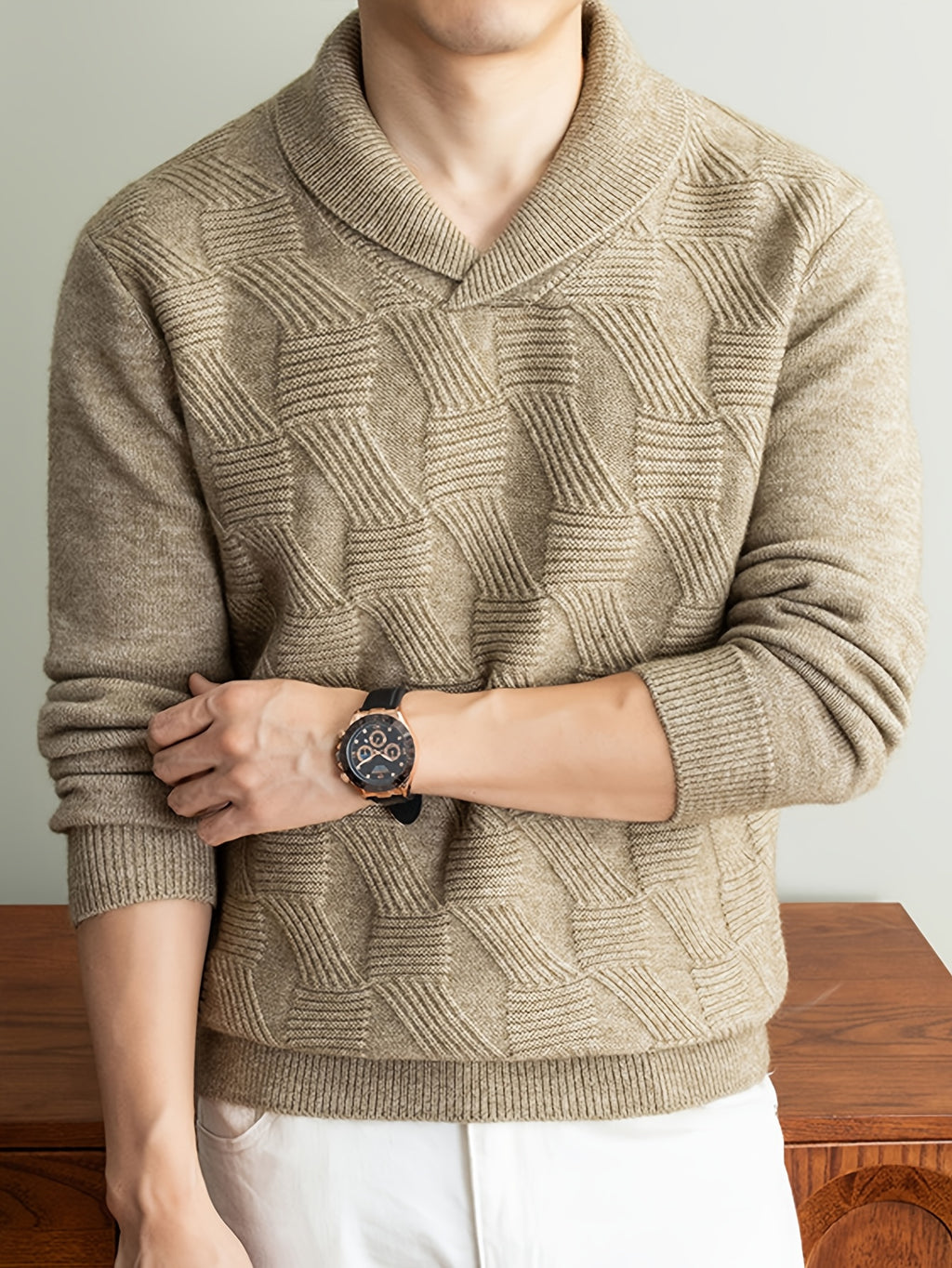 Men'S Seagull Collar Jacquard Knit Sweater, Excellent Warmth, Suitable for Autumn And Early Winter Wear. - SINBOS - Khaki