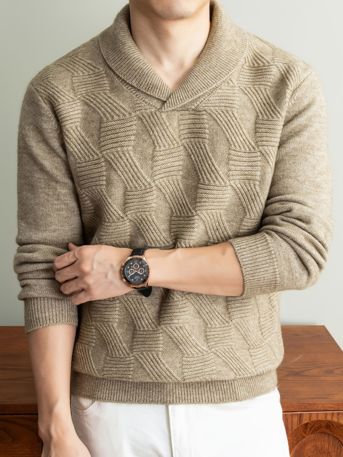 Men'S Seagull Collar Jacquard Knit Sweater, Excellent Warmth, Suitable for Autumn And Early Winter Wear. - SINBOS - Khaki