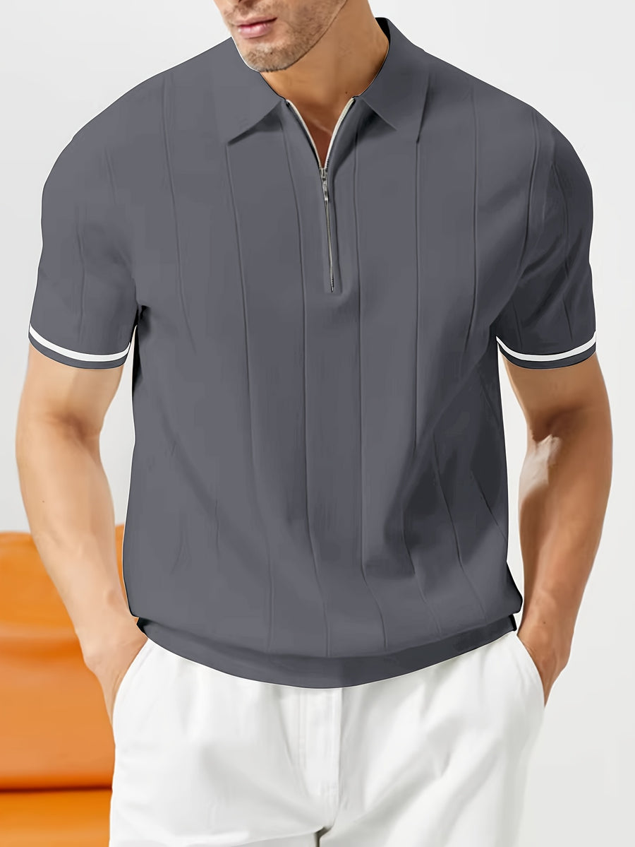 New Men's Business Fabric Shirt, Summer Men's Light Business Solid Color Casual Men's Lapel Short Sleeve Knitted Top - Grey