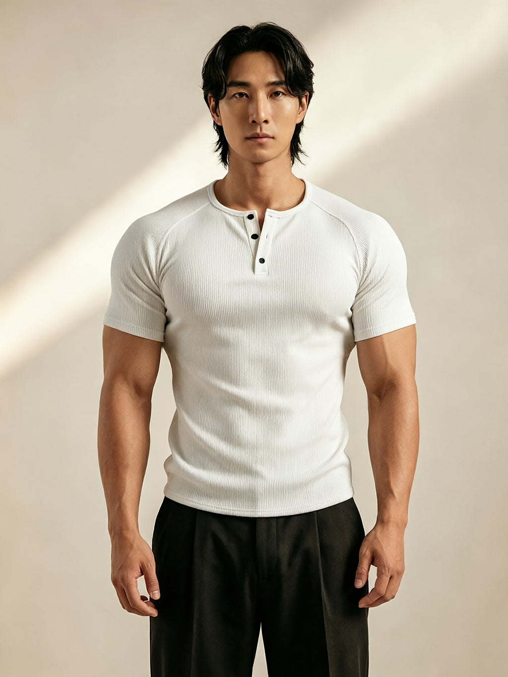 Men's Vertical Ribbed Pin Stripe Henley Neck Short Sleeve T-Shirt, Slim Fit Muscle-Defining Shaping Top, Stretchy Breathable Ribbed Raglan Sleeve Knitwear, Versatile Henley Shirt for Fitness, Commuting, and Daily Wear - White