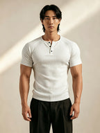 Men's Vertical Ribbed Pin Stripe Henley Neck Short Sleeve T-Shirt, Slim Fit Muscle-Defining Shaping Top, Stretchy Breathable Ribbed Raglan Sleeve Knitwear, Versatile Henley Shirt for Fitness, Commuting, and Daily Wear - White