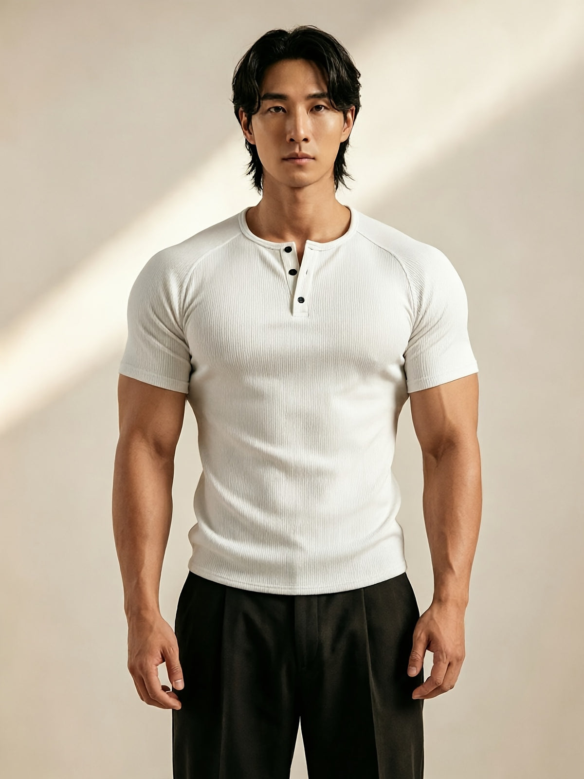Men's Vertical Ribbed Pin Stripe Henley Neck Short Sleeve T-Shirt, Slim Fit Muscle-Defining Shaping Top, Stretchy Breathable Ribbed Raglan Sleeve Knitwear, Versatile Henley Shirt for Fitness, Commuting, and Daily Wear - White