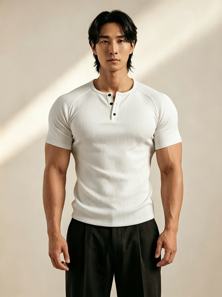 Men's Vertical Ribbed Pin Stripe Henley Neck Short Sleeve T-Shirt, Slim Fit Muscle-Defining Shaping Top, Stretchy Breathable Ribbed Raglan Sleeve Knitwear, Versatile Henley Shirt for Fitness, Commuting, and Daily Wear - White