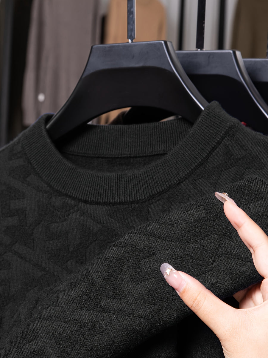 Men'S Round Neck Jacquard Sweater Spring Autumn Tight Thin Business Casual Knit Pullover Top - Black