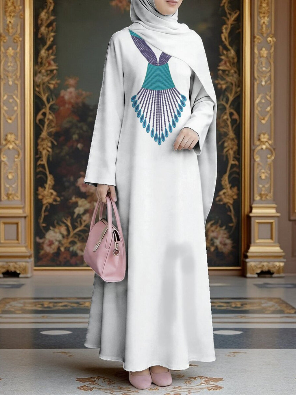 Muslim Women's Dress, Loose Fit Traditional Middle Eastern Robe, Straight Cut Long Sleeve Elegant Muslim Long Dress, Long Abaya, Ethnic Pattern Print Dress, Headscarf Not Included - Mixed colors