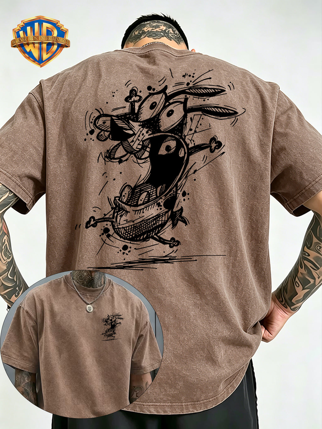 Timid Dog Sketch Line Print Washed Distressed T-Shirt, Men'S 100% Fabric, Casual Comfortable Style, Loose Fit Breathable Short Sleeve Men'S Casual Top, Distressed Washed Loose Fit - Khaki