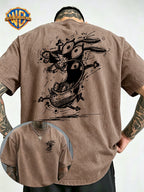 Timid Dog Sketch Line Print Washed Distressed T-Shirt, Men'S 100% Fabric, Casual Comfortable Style, Loose Fit Breathable Short Sleeve Men'S Casual Top, Distressed Washed Loose Fit - Khaki