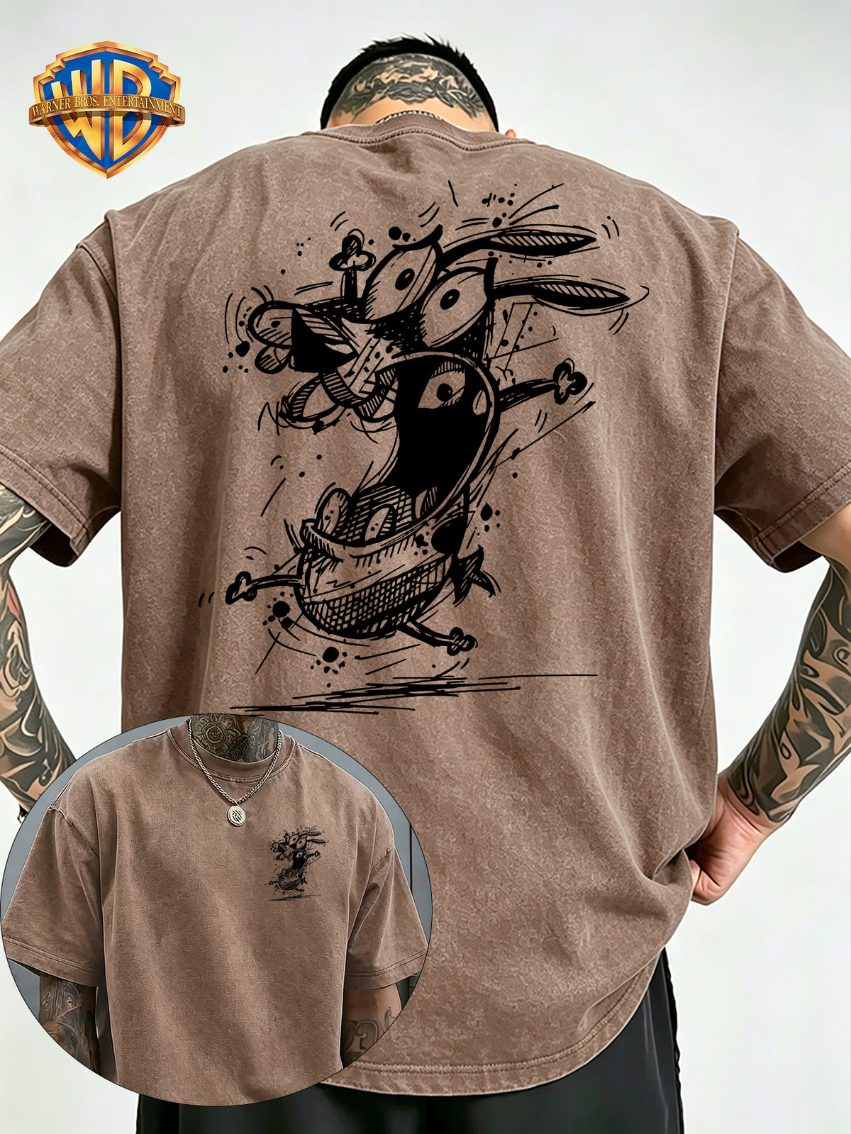 Timid Dog Sketch Line Print Washed Distressed T-Shirt, Men'S 100% Fabric, Casual Comfortable Style, Loose Fit Breathable Short Sleeve Men'S Casual Top, Distressed Washed Loose Fit - Khaki