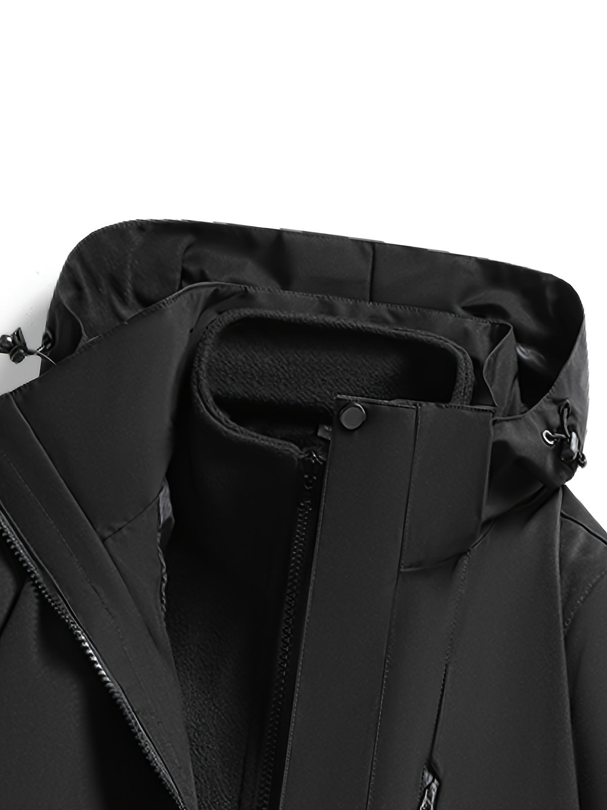 Men'S Solid Color 3-In-1 Detachable Windbreaker with Fleece Lining 2pcs Set, Wear-Resistant Woven Fabric, Zipper And Multi-Pockets, Hook-And-Loop Cuffs, Outdoor Hiking Commuting Fall Winter Windproof Warm Detachable Versatile Jacket - Black