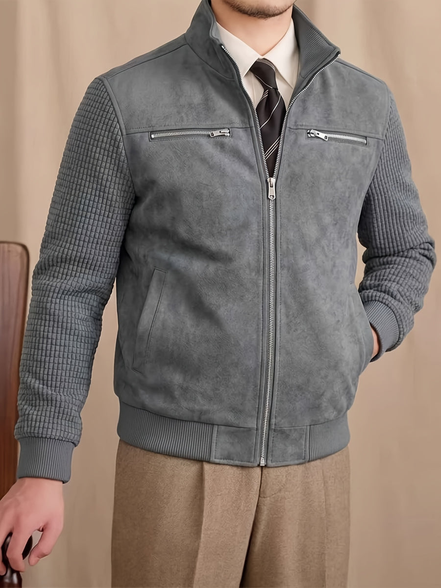 Men'S Stand-Up Collar Patchwork Jacket, Body with Waffle Texture Long Sleeves, Multi-Zipper Metal Pocket Design, Loose Short Style, Stiff Wrinkle-Resistant Fabric, Suitable for Daily Commute And Street Casual Wear, Retro American Style - Dark Gray