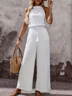 Women'S Elegant Off-Shoulder Sleeveless Wide-Leg Jumpsuit Design. All-Season Casual, Formal Occasion Wear, Machine Washable Non-Stretch Fabric (Versatile Women'S Clothing) - White