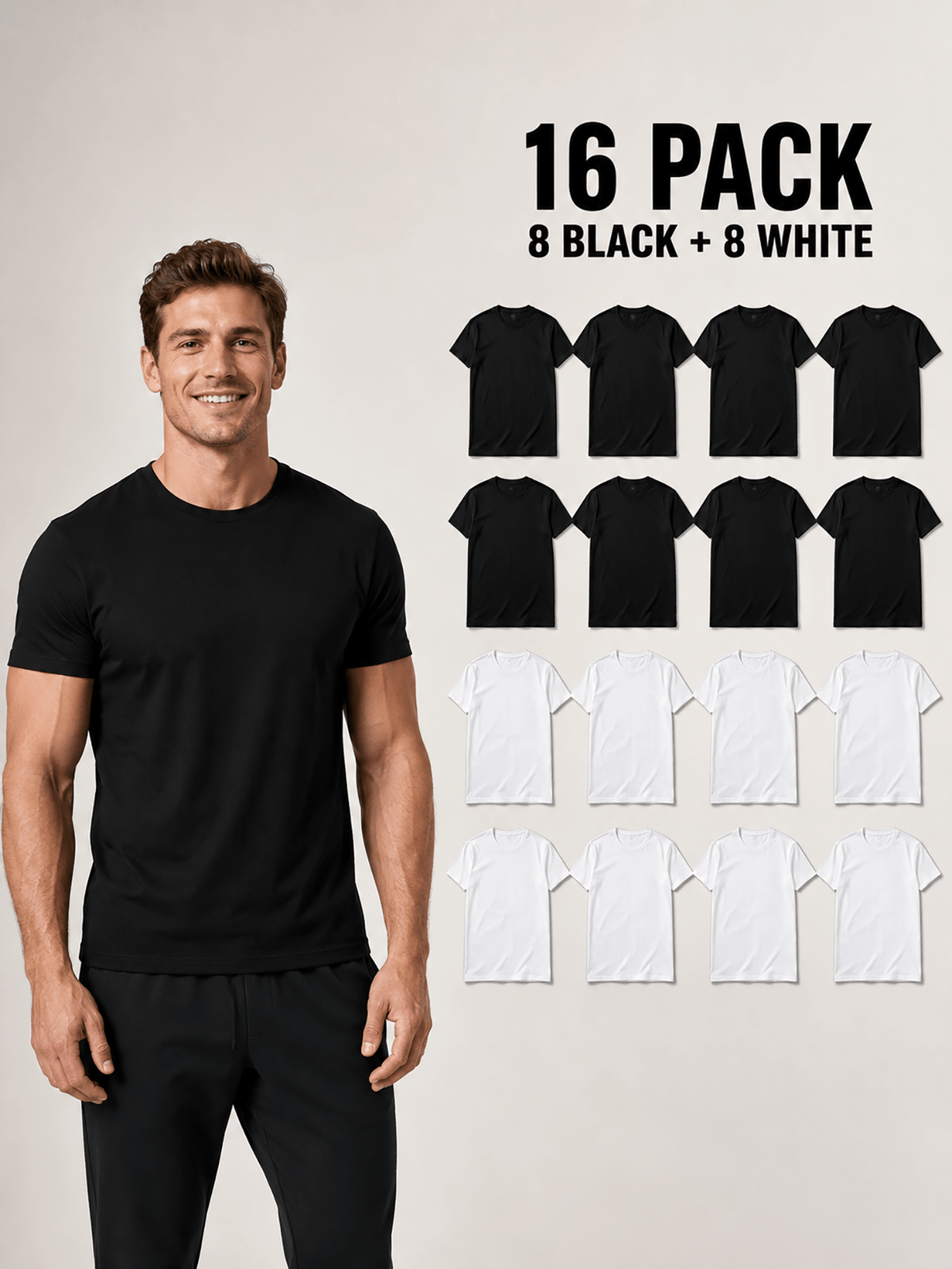16pcs Men'S 100% Round-Neck Solid Color Short-Sleeve T-Shirts, Black And White, Soft And Breathable Basic Undershirts, Suitable for Daily Casual Wear, Sports, And Outdoor Wear - 8 Black 8 White 16 Pack