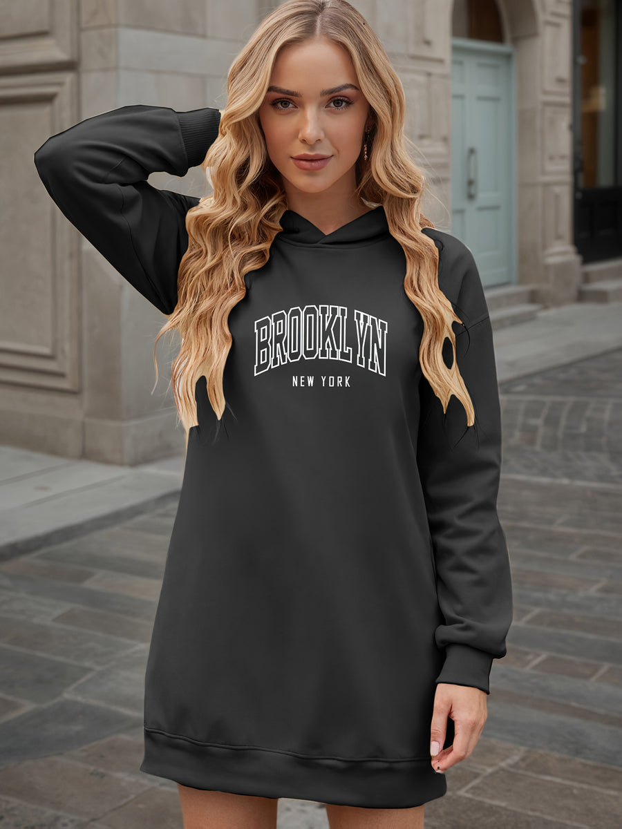 Women'S Stylish Hoodie Dress with Letter Print, a Chic And Youthful Autumn-Winter Pullover with Color-Blocking, Perfect for Casual Outings. This Long Hoodie Is Versatile And Elegant - Black