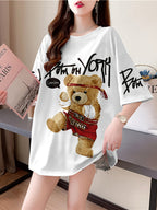 Summer New Large Size Loose Fashion Trend Slim Cartoon Round Neck Print Ladies Women'S Medium And Long Short-Sleeved T-Shirt Clothes - White