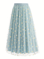 Elegant Chiffon Vacation Skirt with Small Chrysanthemum Print for Women - Light Blue