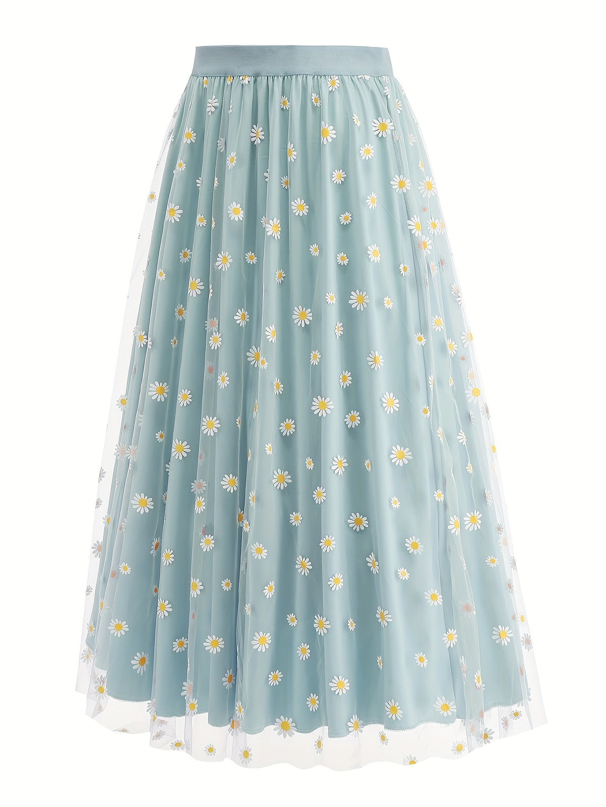Elegant Chiffon Vacation Skirt with Small Chrysanthemum Print for Women - Light Blue