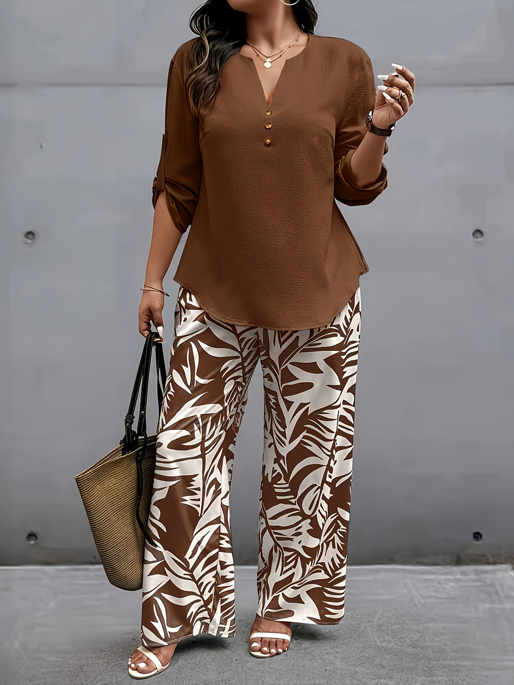 Summer Women's Fashionable New Short-Sleeve Pullover V-Neck Solid Color Top with Plant Print Wide-Leg Pants Two-Piece Set - Mixed colors