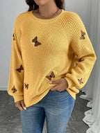 Elegant Long Sleeve Autumn/Winter Sweater with Butterfly Pattern | Crew Neck, Solid Color - Yellow