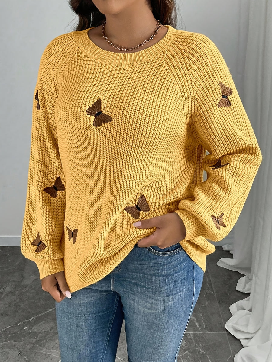 Elegant Long Sleeve Autumn/Winter Sweater with Butterfly Pattern | Crew Neck, Solid Color - Yellow
