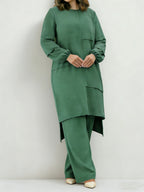 Eid Muslim 2pcs Jilbab Set | Modest Abaya with Wide Leg Pants | Traditional Daily Commute Wear - Green