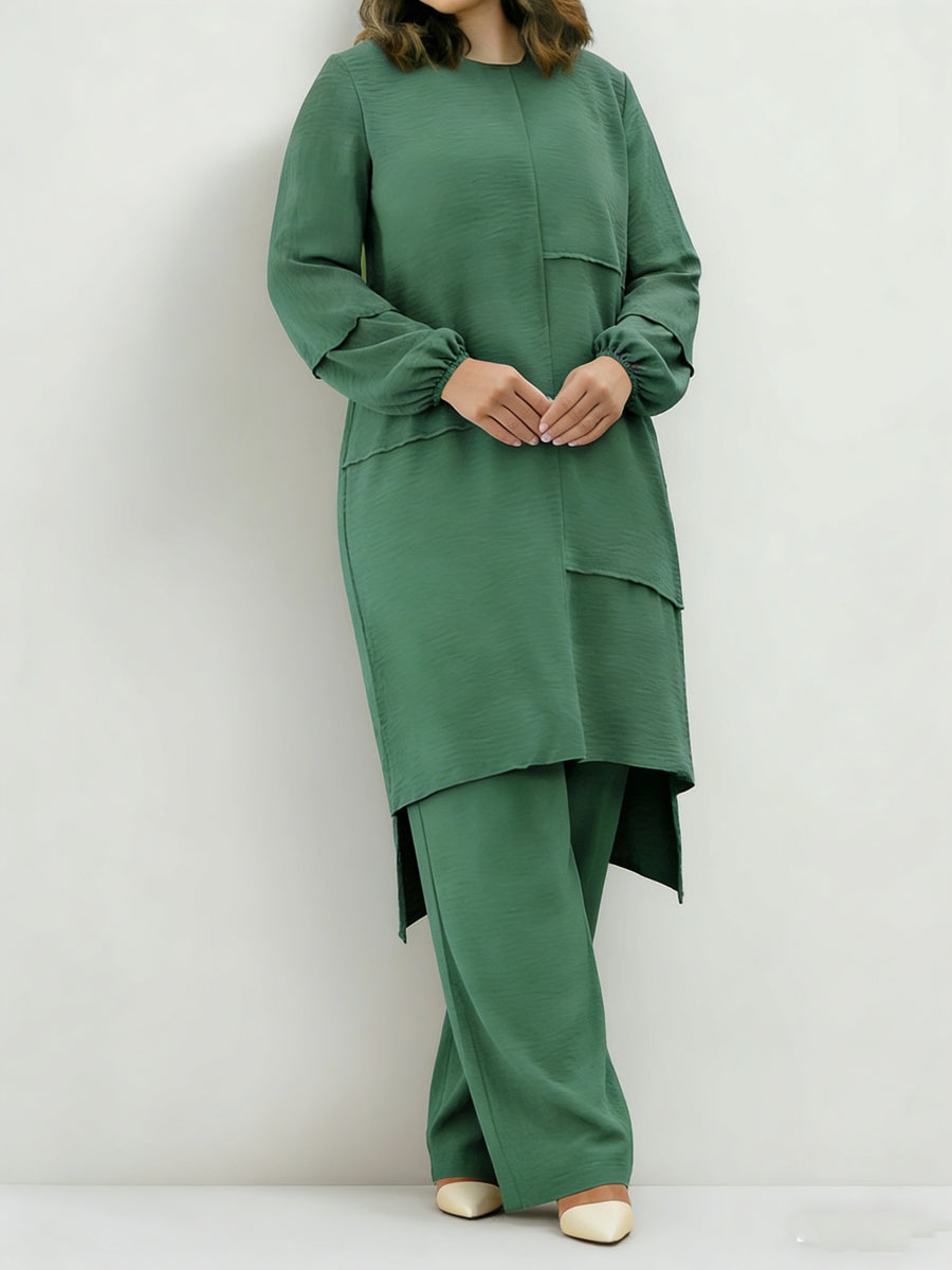 Eid Muslim 2pcs Jilbab Set | Modest Abaya with Wide Leg Pants | Traditional Daily Commute Wear - Green