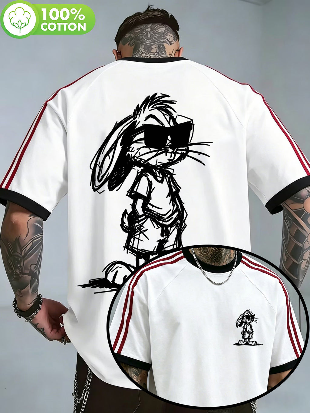 WB Warner Bros. Official License, New Men'S Double Stripe Shoulder Pad 100% T-Shirt, Sketch Glasses Rabbit And Magpie Trendy Print Design, Men'S Casual All-Match T-Shirt, Suitable for Daily Wear And Outdoor Sports, Unisex - White
