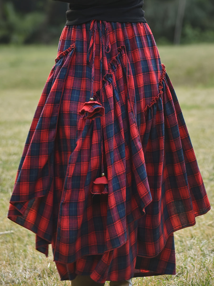 Women's Vintage Asymmetrical Tiered Maxi Skirt - Double-Sided Plaid Pattern, Loose A-Line Silhouette, Polyester Long Flowy Skirt for Spring & Fall, Machine Washable - Red