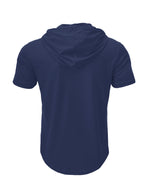 A Single Piece Men'S Casual Hooded Henley Shirt, Lightweight Sports T-Shirt for Summer That Wicks Moisture And Is Breathable, Featuring a Solid Color, Short Sleeves, Button Details at The Neckline, Adjustable Drawstrings for The Hood, Regular Fit - Navy Color