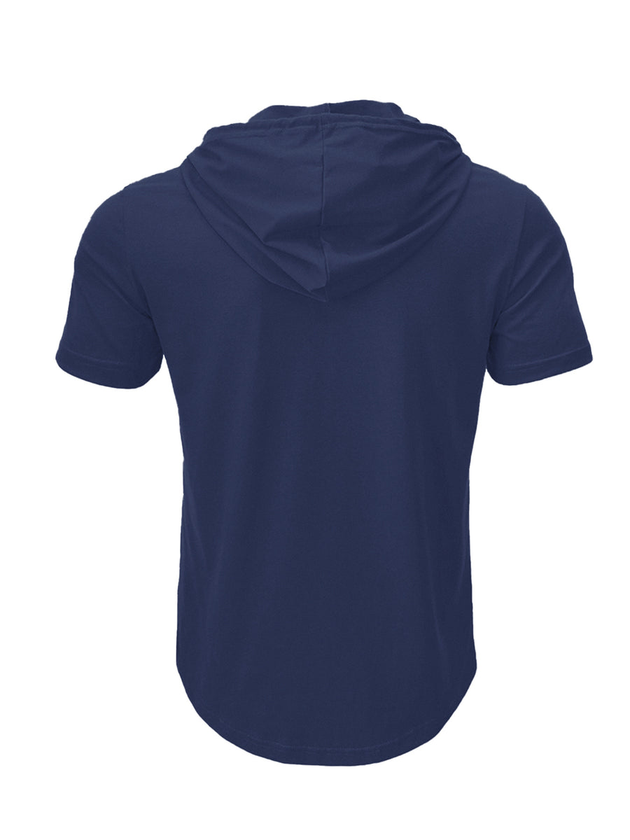 A Single Piece Men'S Casual Hooded Henley Shirt, Lightweight Sports T-Shirt for Summer That Wicks Moisture And Is Breathable, Featuring a Solid Color, Short Sleeves, Button Details at The Neckline, Adjustable Drawstrings for The Hood, Regular Fit - Navy Color