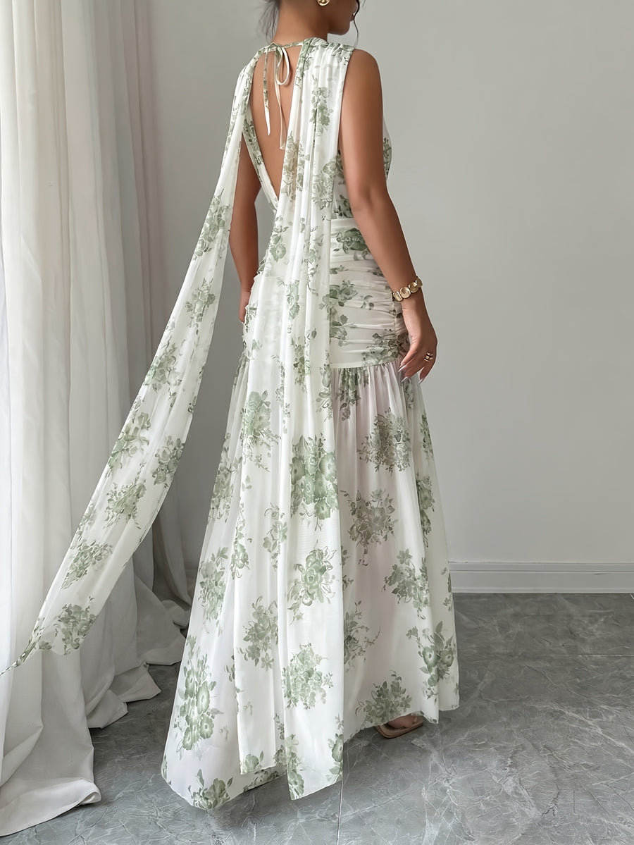 Women'S Spring Summer Solid Color Minimalist Sleeveless Long Dress, Elegant And Bold Floral Print Dress, Suitable for Casual Wear And Commuting - Light Green