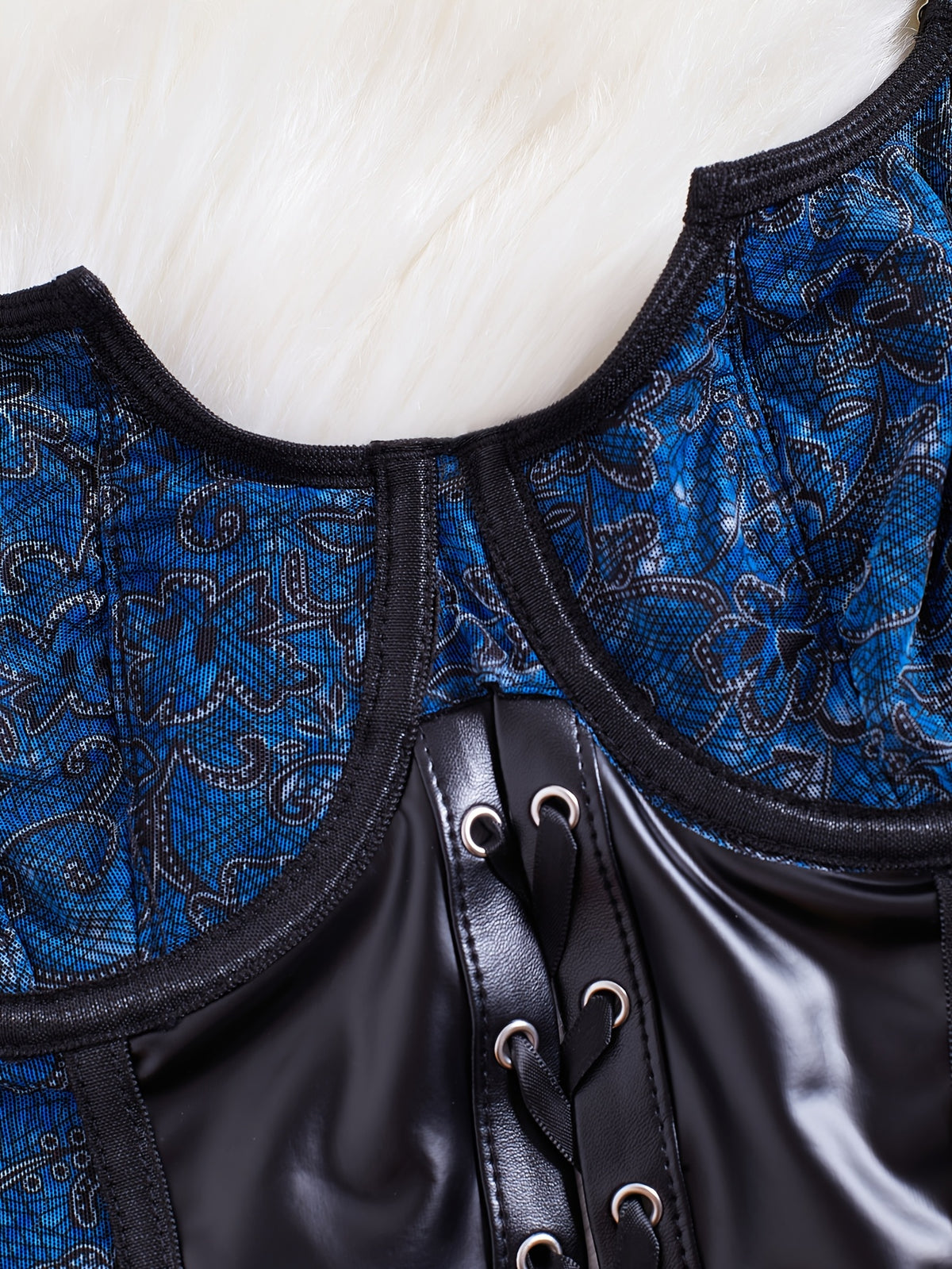 1pc Floral Jacquard PU Patchwork Bodycon Bustier Top, Bow Detail Straps, Sexy Backless Women'S Bodycon Jumpsuit, Wearable Sexy Cami, Convenient Crotch Buttons, Underwire Support Ladies' Bodycon Top, All-Season Wear - Blue
