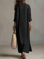 Autumn Casual Solid Color Lazy Style Long Sleeve Shirt Dress for Women, Double Pocket Design, Loose Fit with Side Slit Long Dress, Adds a Touch of Vintage Charm, Moderately Thick, Breathable, Skin-Friendly, and Soft Fabric, Versatile Style - Black