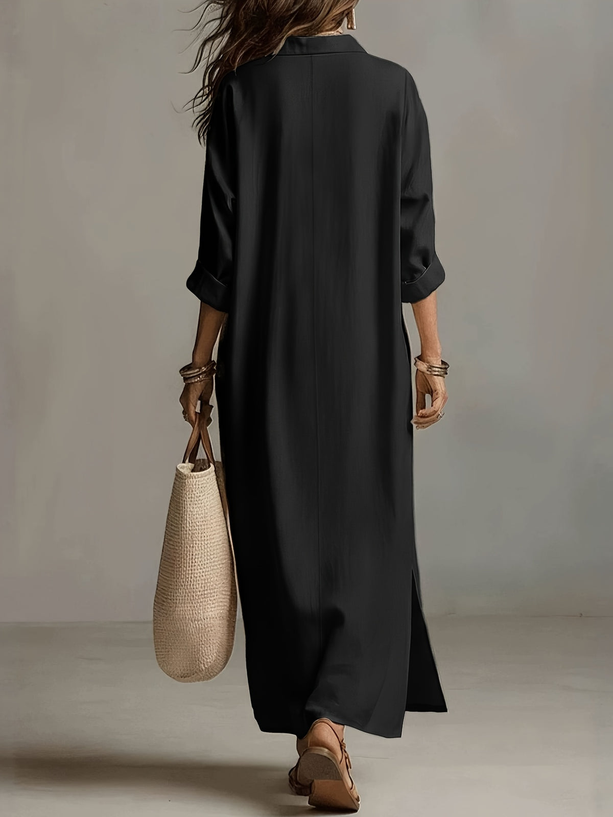 Autumn Casual Solid Color Lazy Style Long Sleeve Shirt Dress for Women, Double Pocket Design, Loose Fit with Side Slit Long Dress, Adds a Touch of Vintage Charm, Moderately Thick, Breathable, Skin-Friendly, and Soft Fabric, Versatile Style - Black
