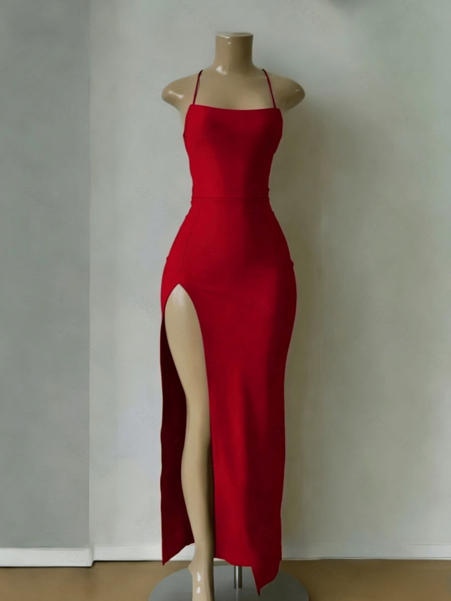 Elegant Fashionable Women'S Slim-Fit Backless Long Dress | Sexy Strappy High Slit, Solid Black Party Style Dress for Spring/Summer - Scarlet red