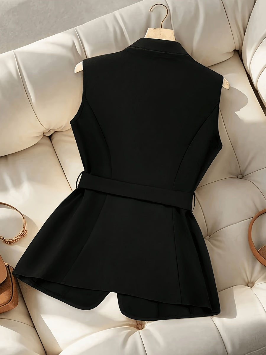 Women'S Elegant Commute British Style Solid Color Vest, Belt Waist-Defining Suit Vest Jacket - Black