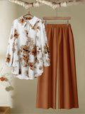 Spring/Autumn Women'S Fashion Casual Floral Print Shirt And Long Pants Set - Brick Red