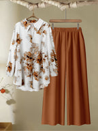 Spring/Autumn Women'S Fashion Casual Floral Print Shirt And Long Pants Set - Brick Red
