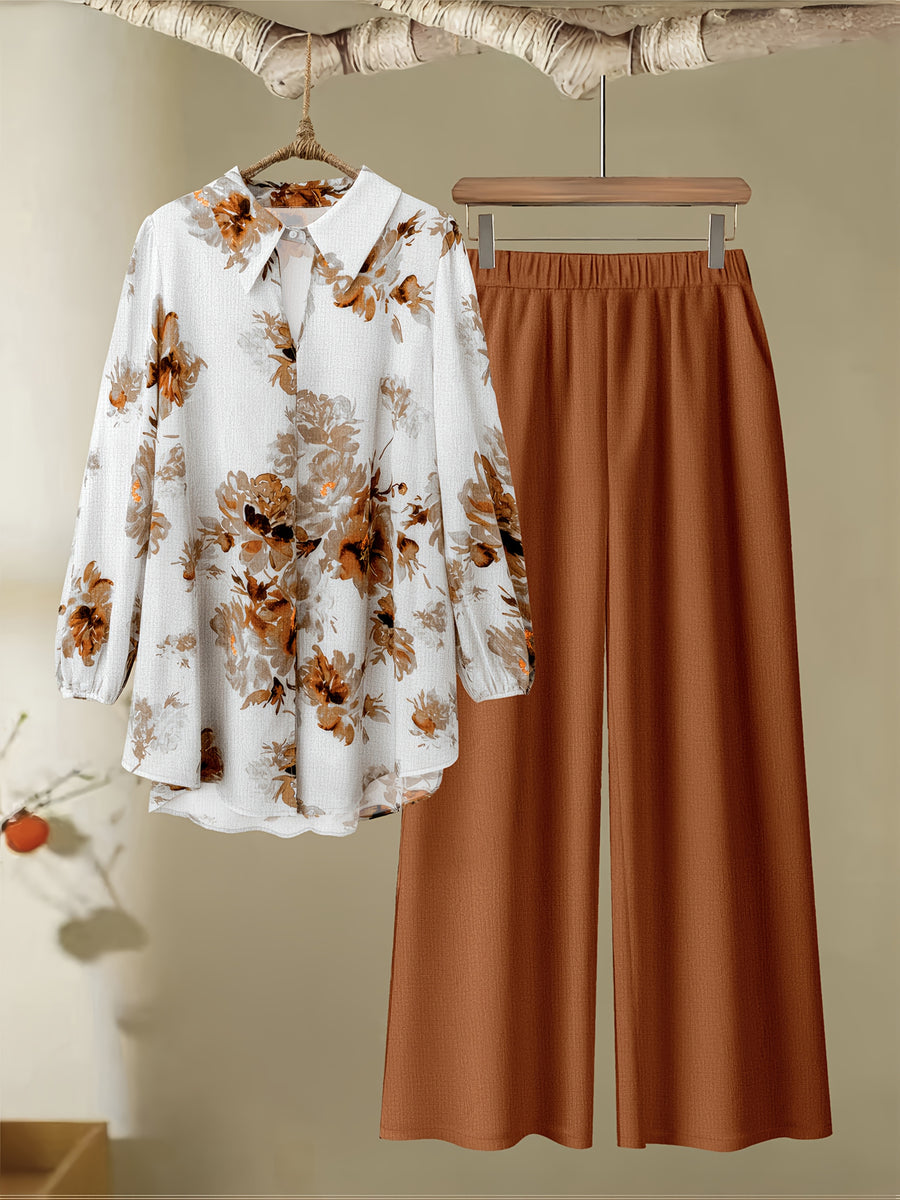 Spring/Autumn Women'S Fashion Casual Floral Print Shirt And Long Pants Set - Brick Red