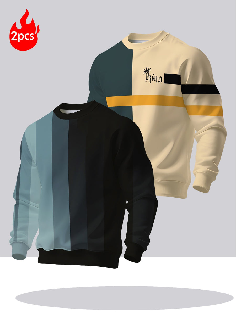 2pcs Men's Crew Neck Sweatshirt - Casual Printed Top, Outdoor Leisure Crew Neck Sweatshirt, Basic Versatile Style with Print - Mixed colors